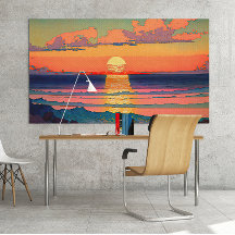 Retro Ocean Sunset Ilustracion Ai Art