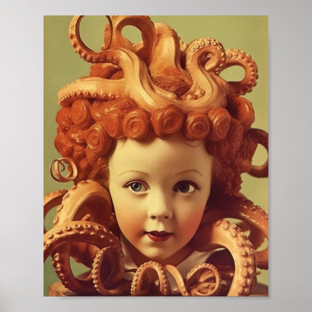 Póster Retro Octopus Doll Head Ensamblage (Frente)