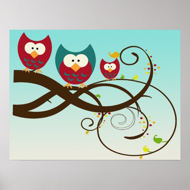 Póster Retro Owls on Swirly Branch Poster (Frente)