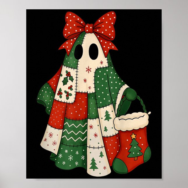Póster Retro Patchwork Christmas Ghost Coquette Bow X-mas (Frente)