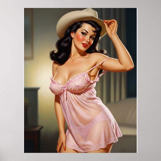 Póster Retro Pin-up Girl with Cowboy hat (Frente)