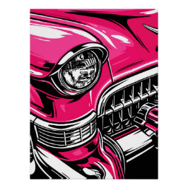 Póster Retro Pink Classic Car Front Pop Art Illustration