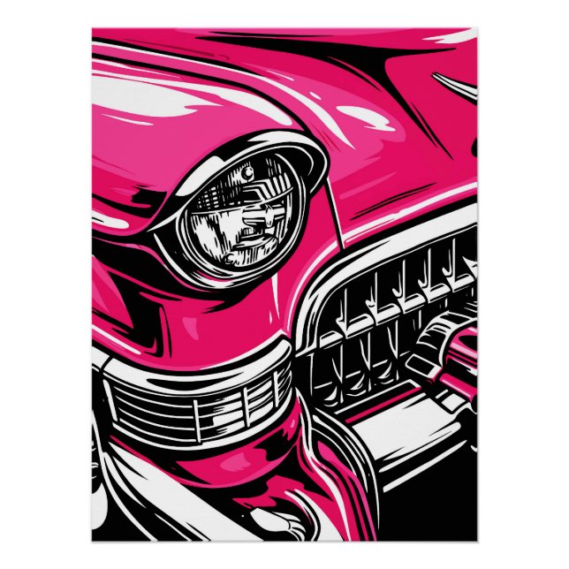 Póster Retro Pink Classic Car Front Pop Art Illustration (Anverso)