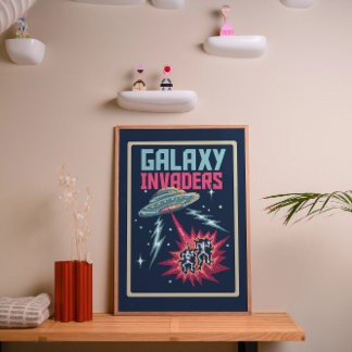Póster Retro Pixel Art Neon Pink and Teal Galaxy Invaders