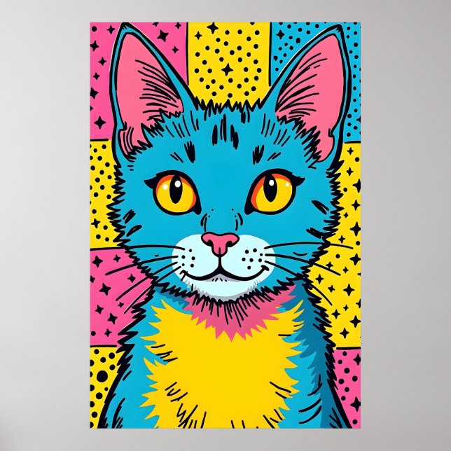 Póster Retro Pop Art 80's Style Blue Cat (Frente)