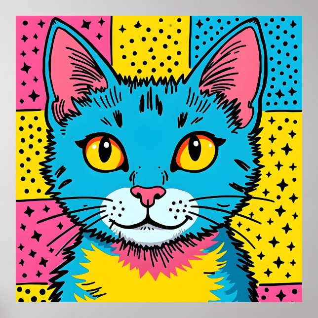 Póster Retro Pop Art 80's Style Blue Cat (Frente)