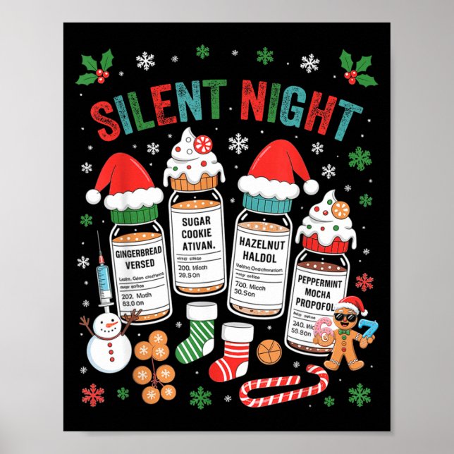 Póster Retro Profol Silent Night Icu Nurses Funny Merry C (Frente)