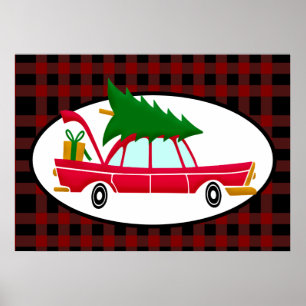 Póster Retro Red Car Carrying a Christmas Tree