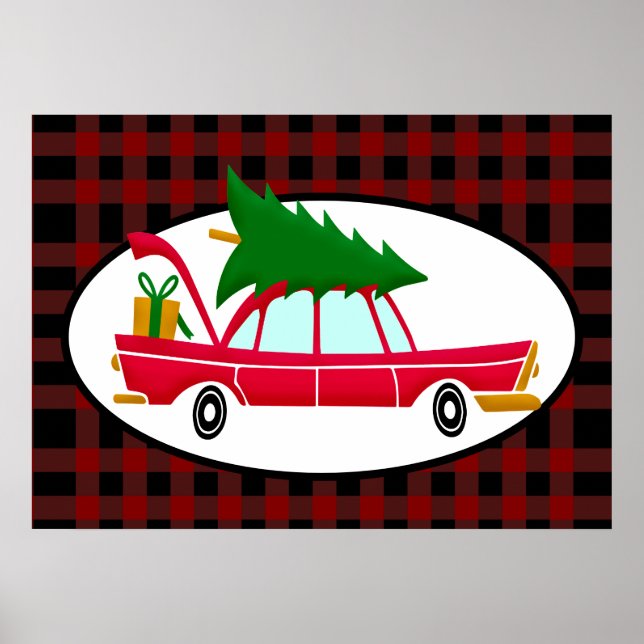 Póster Retro Red Car Carrying a Christmas Tree (Frente)