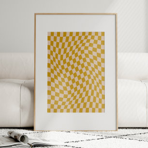 Póster Retro Resumen Wavy Checkerboard Moustard Amarillo