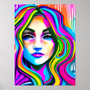 Póster Retro retrato de una mujer con pelo de arcoiris