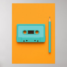 Póster Retro Rewind: Pop Art Cassette Tape with Pencil