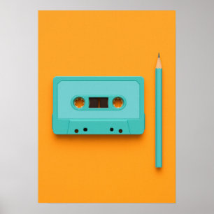 Póster Retro Rewind: Pop Art Cassette Tape with Pencil