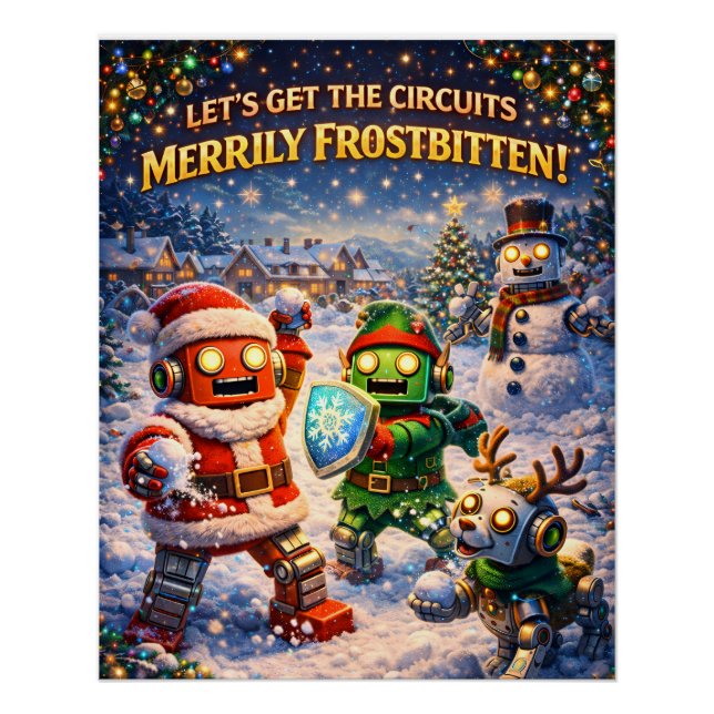 Póster Retro robot Christmas snowball fight greeting (Anverso)