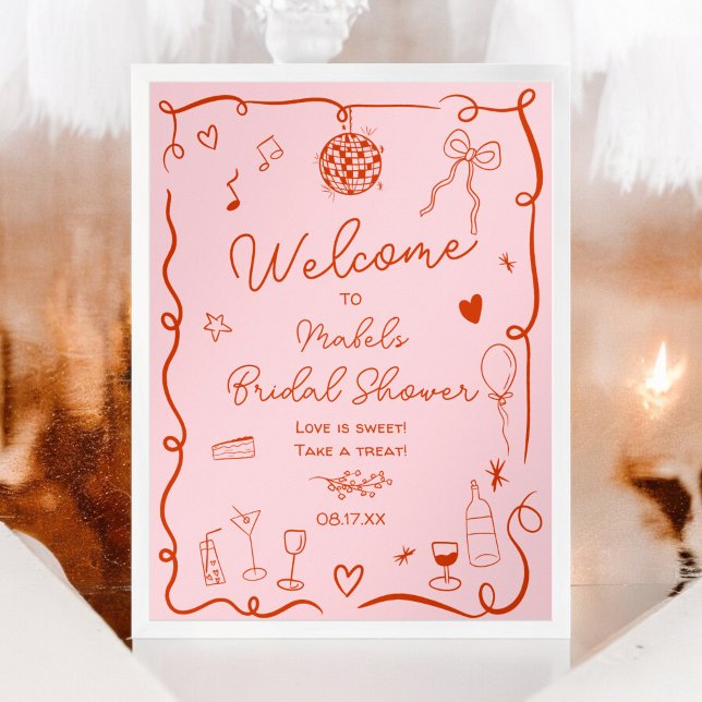Póster Retro rosa rojo ilustrado bienvenida ducha de novi (Retro pink red hand drawn illustrated bridal shower poster)