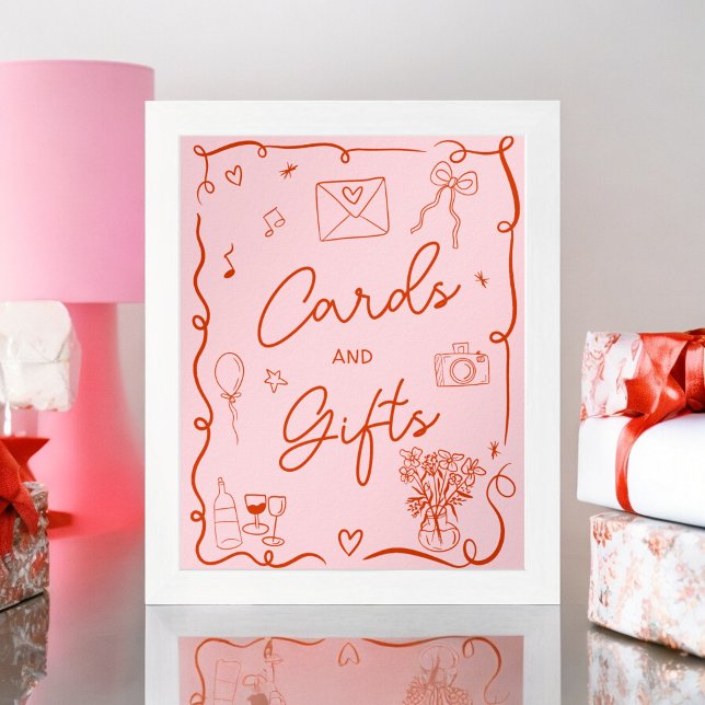 Póster Retro rosa rojo ilustrado signo de la ducha de nov (Retro pink red illustrated sign bridal shower)