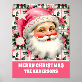 Póster Retro Rosa Santa Claus Navidades Floral Plaid