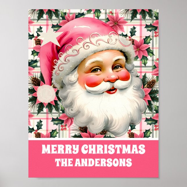 Póster Retro Rosa Santa Claus Navidades Floral Plaid (Frente)