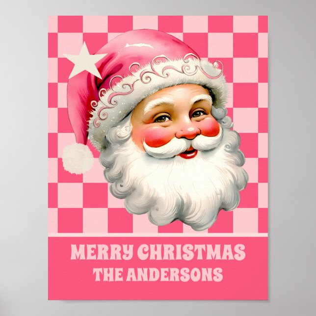 Póster Retro Rosa Santa Claus Navidades rosados en tafetá (Frente)
