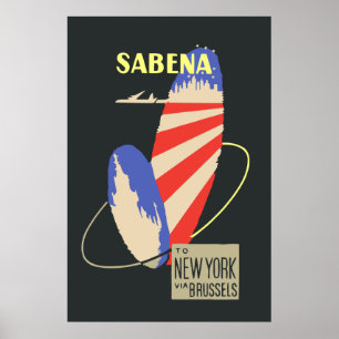 Póster Retro Sabena Airlines a Nueva York vía Bruselas