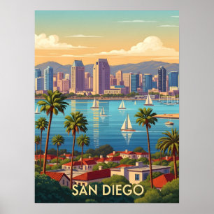 Póster Retro San Diego California Costa Skyline 