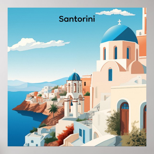 Póster Retro Santorini Greece Mediterranean Blue & White  (Frente)