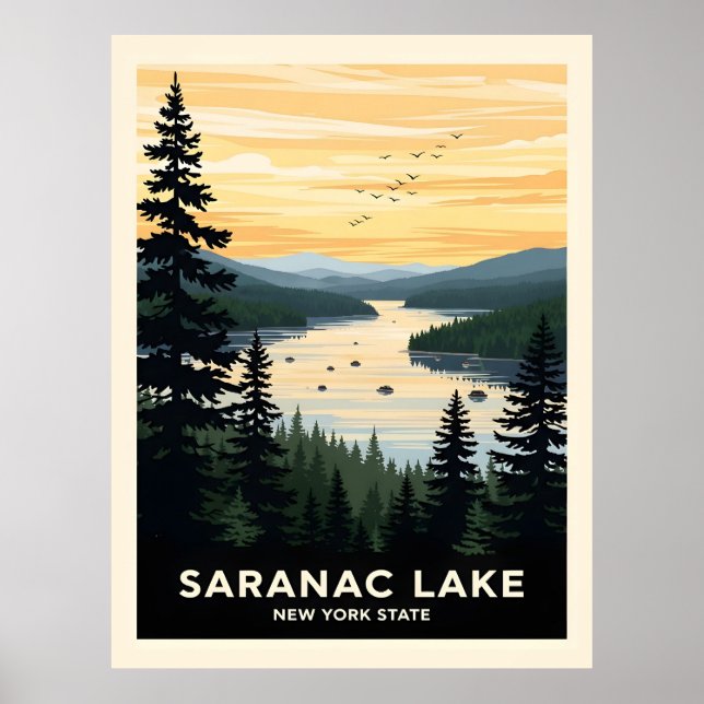 Póster Retro Saranac Lake | New York Travel (Frente)