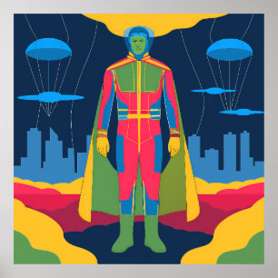 Póster Retro Sci-Fi Hero Over Cityscape
