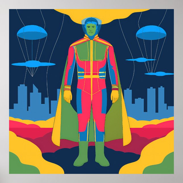 Póster Retro Sci-Fi Hero Over Cityscape (Frente)