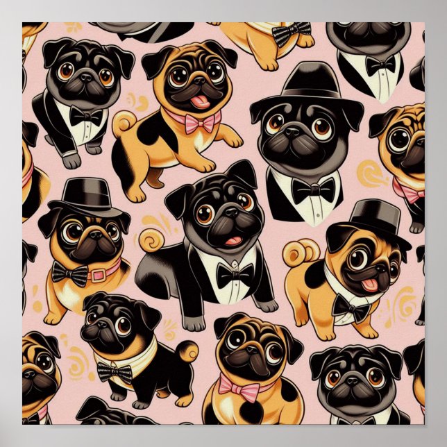 Póster Retro Seamless Cum Pug (Frente)