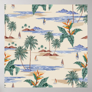 Póster Retro seamless tropical island pattern on light be