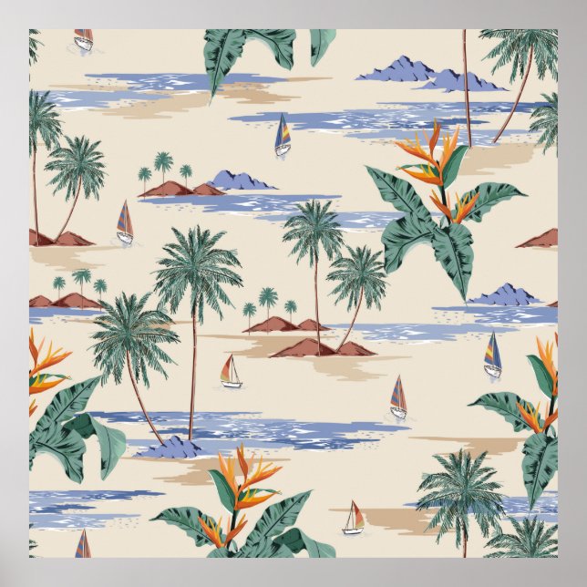 Póster Retro seamless tropical island pattern on light be (Frente)