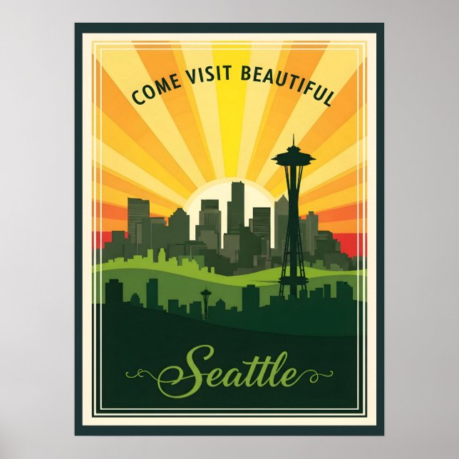 Póster Retro Seattle skyline with space needle at sunset (Frente)