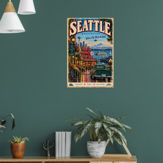 Póster Retro Seattle Washington Pacífico Noroeste Viaje
