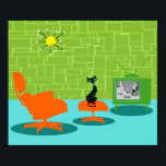 Póster Retro Space Age Kitty Poster<br><div class="desc">Se dice que los perros tienen propietarios y que los gatos tienen personal. ¡El felino en este Poster de la Era Retro Espacial Kitty no pudo estar más de acuerdo! El estilo de los años 60, de diseño artístico minimalista, cuenta con un elegante gato negro en una sala de estar...</div>