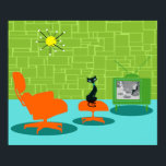 Póster Retro Space Age Kitty Poster<br><div class="desc">Se dice que los perros tienen propietarios y que los gatos tienen personal. ¡El felino en este Poster de la Era Retro Espacial Kitty no pudo estar más de acuerdo! El estilo de los años 60, de diseño artístico minimalista, cuenta con un elegante gato negro en una sala de estar...</div>