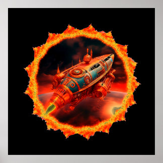 Póster Retro Steampunk Moon Rocket