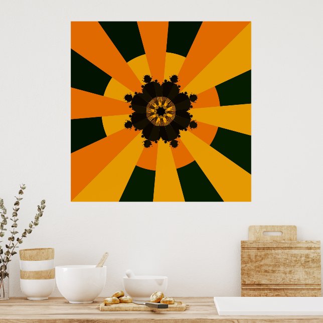 Póster Retro Sun Rays Burst Sunset Black Naranja Amarillo (Cocina)
