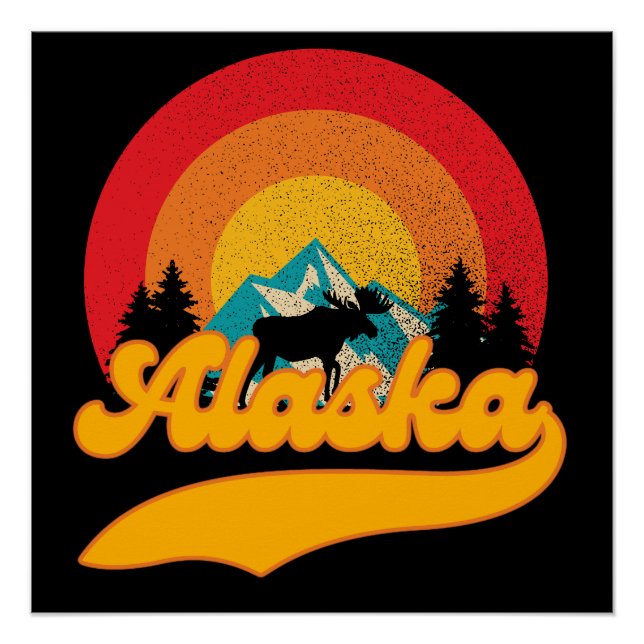 Póster Retro Sunset Alaska Juneau Moose 0Montañas salvaje (Anverso)