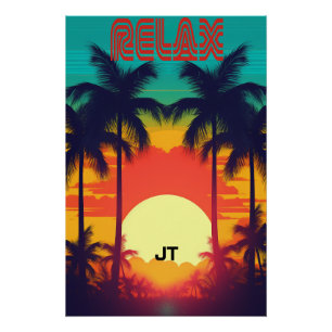 Póster Retro Sunset Tropical Estilo de los 80 Shiny