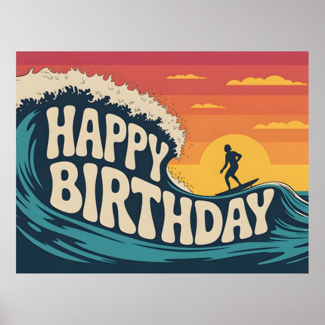 Póster Retro Surf Theme "Happy Birthday" Illustration (Frente)