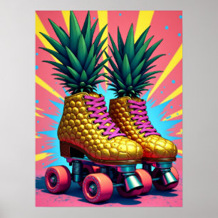Póster Retro Surreal Pineapple Roller Patines Pop Art