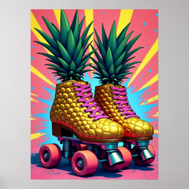 Póster Retro Surreal Pineapple Roller Patines Pop Art (Frente)