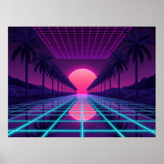 Póster Retro Synthwave Horizon - Neon Grid & Palms Poster