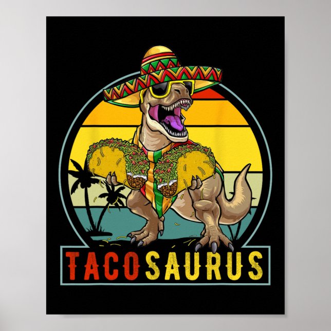 Póster Retro Tacosaurus Taco Dinosaur T Rex Funny Cinco D (Frente)