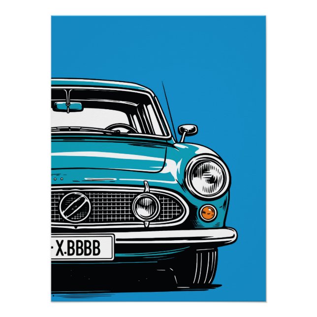 Póster Retro Teal Classic Car Front Pop Art Illustration (Anverso)