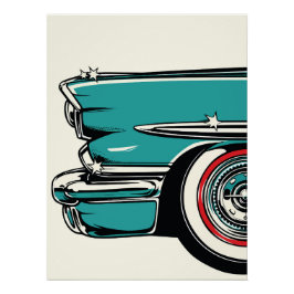 Póster Retro Teal Sports Car Front Pop Art Illustration