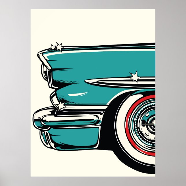 Póster Retro Teal Sports Car Front Pop Art Illustration (Frente)