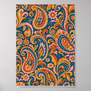 Póster Retro Terracota y Azul Marino Sin Costuras Paisley