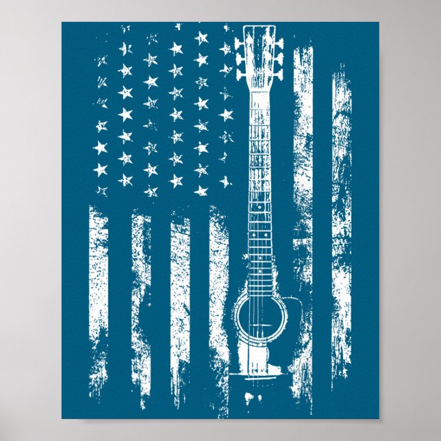 Póster Retro Us Flag Acoustic Guitar Distressed Patriotic (Frente)